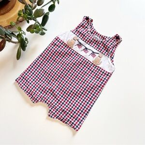 Vintage Cotton Kids Patriotic Dog Gingham Plaid Romper | 12m